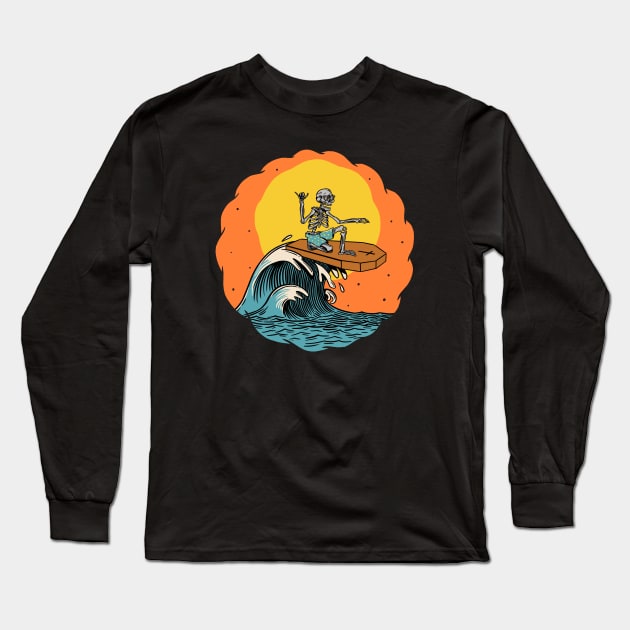 Cool Surfing Skeleton Riding a Coffin Top // Funny Surfer Cartoon Long Sleeve T-Shirt by SLAG_Creative